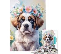 Puzzle pour Adultes 1000 pièces Chiot Saint-Bernard avec Couronne de Fleurs Aquarelle Activités Amusantes à la Maison pour Toute la Famille Jeu éducatif à partir de 14 Ans (38x26cm)