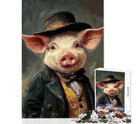 Puzzle pour Adultes 1000 pièces Cochon au Chapeau Haut-de-Forme Décoration Murale Jeu éducatif avec Poster et fiche de Questions Assortis Dimensions 50x75cm