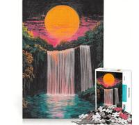 Puzzle pour Adultes 1000 pièces Coucher de Soleil Cascade Crayons à gratter Jeu Familial Difficile et Stimulant Cadeaux Uniques pour Anniversaire et Noël 50x75cm