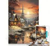 Puzzle pour Adultes 1000 pièces Crépuscule dans Un Village d'hiver Jeux relaxants difficulté Difficile avec Poster et fiche d'informations Assortis 50x75cm