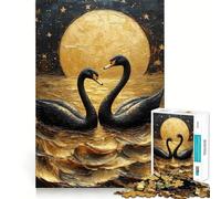 Puzzle pour Adultes 1000 pièces Cygnes Noirs sous la Lune dorée Peinture sans Couture,Jeu de Concentration,Cadeau de détente,Cadeau d'anniversaire (50x75cm)