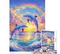 Puzzle pour Adultes 1000 pièces Dauphins sautant Coucher de Soleil Arc-en-Ciel Décoration Murale Cadeau pour Femmes et Hommes Jeu de Manipulation Renforce l'amour Entre Couples Dimensions 38x26cm