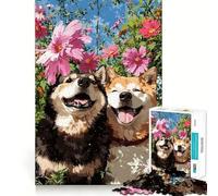 Puzzle pour Adultes 1000 pièces Deux Chiens Heureux dans Un Jardin Fleuri Découpe de qualité supérieure Jeu de logique Amusant et Facile à Jouer Décoration Murale de Noël (50x75cm)