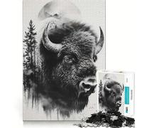 Puzzle pour adultes, 1000 pièces, double exposition au bison, lune, découpe précise, art, plaisir cognitif, jeu, loisirs, jeu, amusement, repos, cadeau (38 x 26 cm)