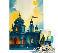 Puzzle pour Adultes 1000 pièces Église Aquarelle au Coucher du Soleil Jeu Impossible pour Un Jeu éducatif Un défi Un Cadeau d'anniversaire pour améliorer la mémoire (Dimensions 38x26cm)
