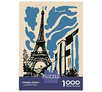 Puzzle pour Adultes 1000 Pièces Eiffel Tower Illustration with Bonjour Text Puzzle pour Adolescents pour S'amuser en Famille, Défi Éducatif, Cadeau d'anniversaire Unique 38x26cm/1000pcs