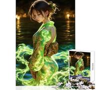 Puzzle pour Adultes 1000 pièces Femme en Kimono Vert Décoration intérieure Idée Cadeau Jeu de réflexion Renforce l'amour Entre Couples Dimensions 50x75cm