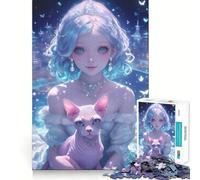Puzzle pour Adultes 1000 pièces Fille Anime avec Chat Sphynx Jeu à articulations Pointues Défi Mental Attente de Calme et de Divertissement Décoration de Noël pour la Maison (38x52cm)