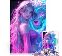 Puzzle pour Adultes 1000 pièces Fille Lion Néon Jeu Familial Anti-Stress Défi Difficile Renforcer l'amour Entre Les Couples 75x50cm