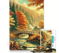 Puzzle pour Adultes 1000 pièces Forêt d'automne Pont de rivière Assemblage Propre Décoration Défi Mental Jouet Temps de Jeu Confortable Cadeau d'anniversaire Artistique (38x52cm)