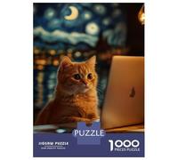 Puzzle pour Adultes 1000 Pièces Funny Orange Cat Using Laptop in Starry Night Puzzles pour Adultes Activités Familiales Entraînez Votre Cerveau Et Vos Mains Jeu De Défi Unique 70x50cm/1000pcs