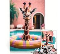 Puzzle pour Adultes 1000 pièces Girafe Bouée Piscine, Jeu de réflexion, Niveau de difficulté élevé, Idéal comme Cadeau pour Toute la Famille 38x52cm