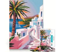 Puzzle pour Adultes 1000 pièces Grèce Mykonos Décoration Minimaliste aux Bords Nets Défi Mental Jeu de détente Cadeau Artistique de Noël (38x26cm)