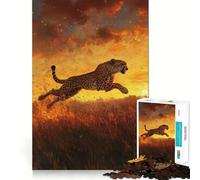 Puzzle pour Adultes 1000 pièces Guépard bondissant au Coucher du Soleil,Assemblage Parfait,Jeu de logique Artistique,Jouet Amusant pour se détendre,Cadeau d'anniversaire ou Loisir (38x26cm)