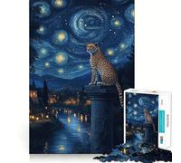 Puzzle pour Adultes 1000 pièces Guépard sous Un Ciel étoilé,Assemblage Parfait,Jeu de logique Artistique,Jouet Amusant pour se détendre,Cadeau d'anniversaire ou Loisir (38x52cm)