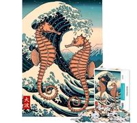 Puzzle pour Adultes 1000 pièces Hippocampe Ukiyo-e La Grande Vague Puzzle Jeu Relaxant Vacances à la Maison Divertissement Activités à Domicile (Dimensions 38x26cm)
