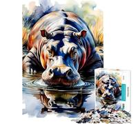 Puzzle pour Adultes 1000 pièces Hippopotame Aquarelle dans l'eau Défi éducatif Défi Difficile Jeu Amusant pour Les 14 Ans et Plus 38x26cm
