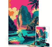 Puzzle pour Adultes 1000 pièces Île Tropicale Bateaux Paysage Art de Bord précis Jeu d'adresse créative Jeu de détente Décoration de Noël (38x52cm)
