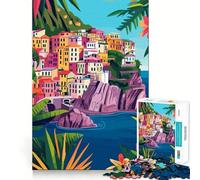 Puzzle pour Adultes 1000 pièces,Illustration Abstraite colorée d'un Village côtier Italien,Art Minimaliste,Bords Fins,Jeu de résolution de problèmes,Jeu Relaxant,activité Artistique pour