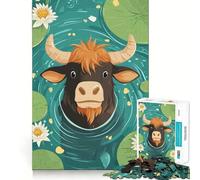 Puzzle pour Adultes 1000 pièces Illustration de Taureau de Dessin animé dans Un étang aux nénuphars Découpe précise Jeu d'art cognitif Jouet de détente et de Jeu Décoration Murale de Noël (38x52cm)