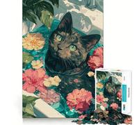 Puzzle pour Adultes 1000 pièces Illustration d'un Chat dans Une Baignoire Fleurie Jeu d'ajustement précis Casse-tête Cadeau Moment de détente et de Divertissement Idée Cadeau Artistique pour Noël