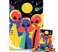 Puzzle pour Adultes 1000 pièces,Illustrations minimalistes,Mignonnes et colorées,représentant des frères et sœurs extraterrestres dans Un Style Science-Fiction Pop Art Bords impeccables Activité