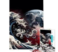 Puzzle pour Adultes 1000 pièces La Grande Vague et la Lune Art numérique Défi d'intelligence cérébrale Jouet addictif Jeu Pratique Difficile Cadeau d'anniversaire (Taille 50x75cm)