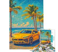 Puzzle pour Adultes 1000 pièces Lamborghini Urus Jaune sur la Plage Puzzle 1000 pièces décoration Murale pour Les Femmes (38x26cm)