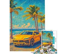 Puzzle pour Adultes 1000 pièces Lamborghini Urus Jaune sur la Plage Puzzle de 1000 pièces décoration intérieure Jouet découpe de précision Cadeau de Noël ou d'anniversaire (38x52cm)