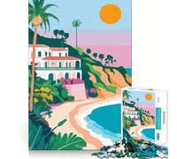 Puzzle pour Adultes 1000 pièces Maison de Plage espagnole californienne Coucher de Soleil Pastel Artistique Minimaliste Jeu d'articulation Lisse et Amusant pour se concentrer et Passer Un Moment