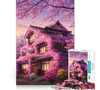 Puzzle pour Adultes 1000 pièces Maison en Fleurs de Cerisier Style Anime Dessins épurés Jeu de logique Amusant et Relaxant Cadeau de Noël apaisant (50x75cm)