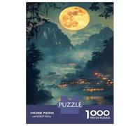Puzzle pour Adultes 1000 Pièces Mystical Asian Village Under Full Moon Puzzle Adulte Casse-tête Jeu De Détente Vacances À La Maison Passer Le Temps Interaction Parent-Enfant 38x26cm/1000pcs