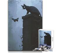 Puzzle pour Adultes - 1000 pièces - Observateur de l'inconnu, Chat Noir et Papillon - Design élégant - Décoration Murale - Cadeau d'anniversaire - Dimensions : 38x26cm