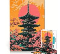 Puzzle pour Adultes 1000 pièces Pagode Japonaise au Coucher du Soleil Art Minimaliste Bords Nets Décoration Jeu de réflexion Détente Cadeau de Noël Artistique (38x26cm)