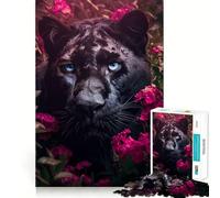 Puzzle pour Adultes 1000 pièces Panthère Noire Fleurs Roses Découpe Impeccable Amusant,Jeu de réflexion,Divertissement pour Les Moments de détente,décoration de Noël (38x26cm)