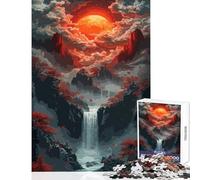 Puzzle pour Adultes 1000 pièces Paysage de Cascade en Pixel Art avec Lune Rouge Jeu éducatif Cadeau d'anniversaire Jeu Pratique avec Poster et fiche de Questions Assortis Dimensions 38x26cm