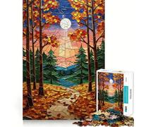 Puzzle pour Adultes 1000 pièces Paysage de forêt d'automne en vitrail Jeu d'adresse et de réflexion Jeu Gratuit Scène de Noël (50x75cm)