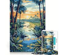 Puzzle pour Adultes 1000 pièces Paysage de rivière Tropicale au Coucher du Soleil Découpe précise Jeu d'art cognitif Jouet Détente Décoration Murale de Noël (38x52cm)