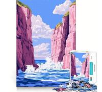 Puzzle pour Adultes 1000 pièces Paysage paisible de falaises Roses Pastel et de Vagues océaniques Illustration Minimaliste Assemblage Lisse Résolution de problèmes Jeu décontracté Idéal