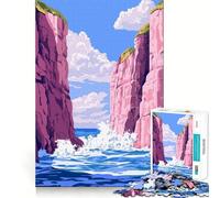 Puzzle pour Adultes 1000 pièces Paysage paisible de falaises Roses Pastel et de Vagues océaniques Illustration Minimaliste Découpe Lisse Jeu créatif et Stimulant Temps de détente Cadeau apaisant