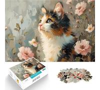 Puzzle pour Adultes 1000 pièces Peinture à l'huile de Chat Calico en Fleurs Impossible Car C'est Un pour Toute la Famille 38x26cm
