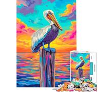 Puzzle pour Adultes 1000 pièces Pélican coloré sur Un Poteau au Coucher du Soleil Jeu de réflexion et de Stimulation intellectuelle pour améliorer la mémoire (Dimensions 38x26cm)