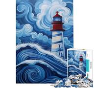 Puzzle pour Adultes 1000 pièces Phare dans Une mer déchaînée Bleue Puzzle 1000 pièces Décoration intérieure Jouet Art Mural Cadeau de Noël ou d'anniversaire (38x52cm)