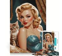 Puzzle pour Adultes 1000 pièces Pin-up Blonde avec Chaton Mignon Jeu d'articulation précis,Jeu de réflexion Amusant,Moment de détente,Art de Loisirs de Noël (50x75cm)
