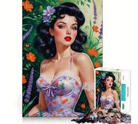 Puzzle pour Adultes 1000 pièces Pin-up Brune en Robe Fleurie Design Finement découpé Activité intellectuelle Jeu de détente Décoration de Noël (50x75cm)