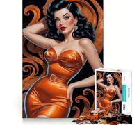 Puzzle pour Adultes 1000 pièces Pin-up Brune en Robe Orange,découpe Premium,Jeu créatif,Jouet,Divertissement,décoration de Noël (38x52cm)