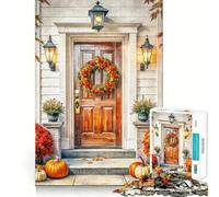 Puzzle pour Adultes 1000 pièces Porte d'automne avec citrouilles et Couronne Jeu de réflexion Artistique aux Bords précis Jeu Calme Cadeau d'anniversaire pour l'esprit (38x52cm)