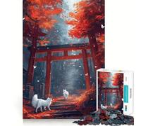 Puzzle pour Adultes 1000 pièces Porte Torii d'automne avec Loups Blancs Jeu de réflexion Artistique aux Bords précis Jeu Calme Cadeau d'anniversaire pour l'esprit (50x75cm)