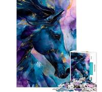 Puzzle pour Adultes 1000 pièces Portrait de Cheval Abstrait Bleu et Or Jeu éducatif et Stimulant Difficile et Pratique pour Les 14 Ans et Plus (38x26cm)