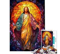 Puzzle pour Adultes 1000 pièces Portrait de Jésus-Christ en vitrail Jeu Familial Anti-Stress Cadeau d'anniversaire Unique (Taille 38x26cm)